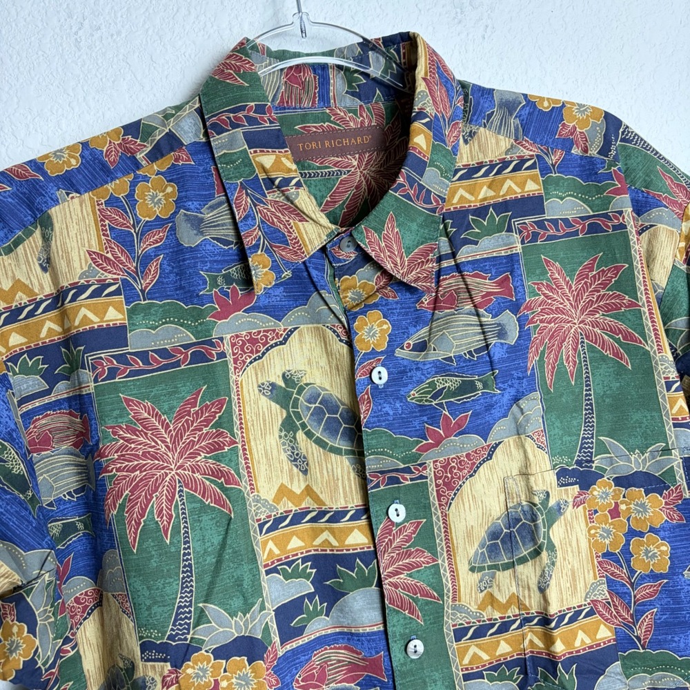 Tori Richard Mens Medium Cotton Lawn Hawaiian Shirt Turtle Fish Palm Tree USA